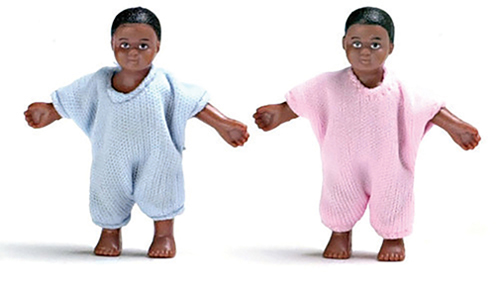 Dollhouse Miniature Black Twin Babies, Pink & Blue